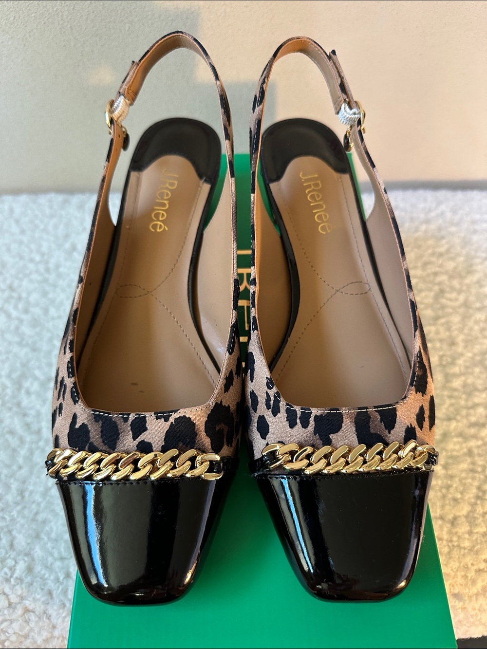 J.Renee Leopard Print Slingback Pumps with Black Patent Toe and Chain Accent